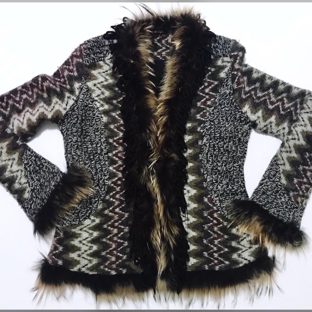 Dolce Cabo knit wool sweater-jacket with raccoon fur.
